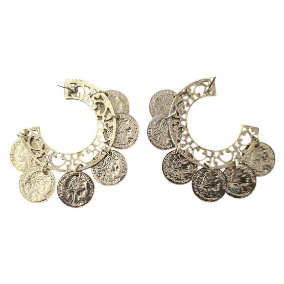 Chandelier Portrait Gold Tone Coins Hoop Drop Earrings - Picture 4 of 6